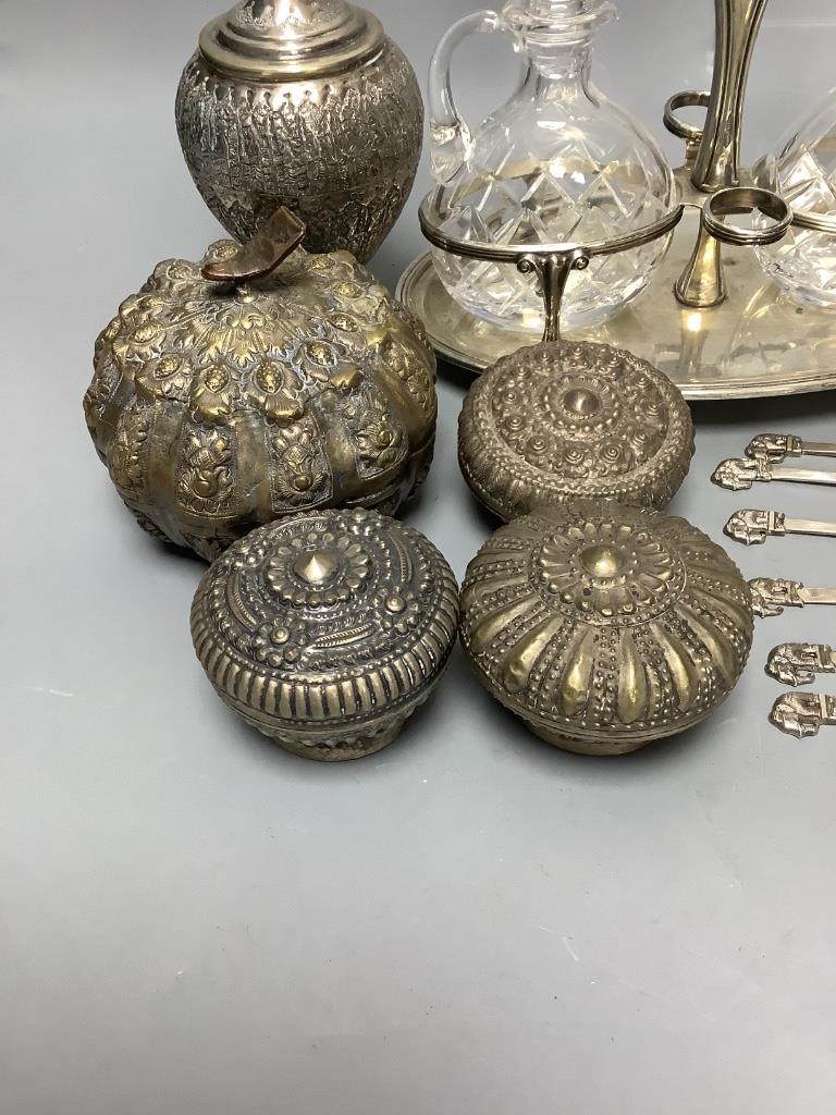 A pair of Thai Sterling silver specimen vases, a white metal ewer, a 'betel nut' box and cover, a set of silver teaspoons with elephant finials and sundries